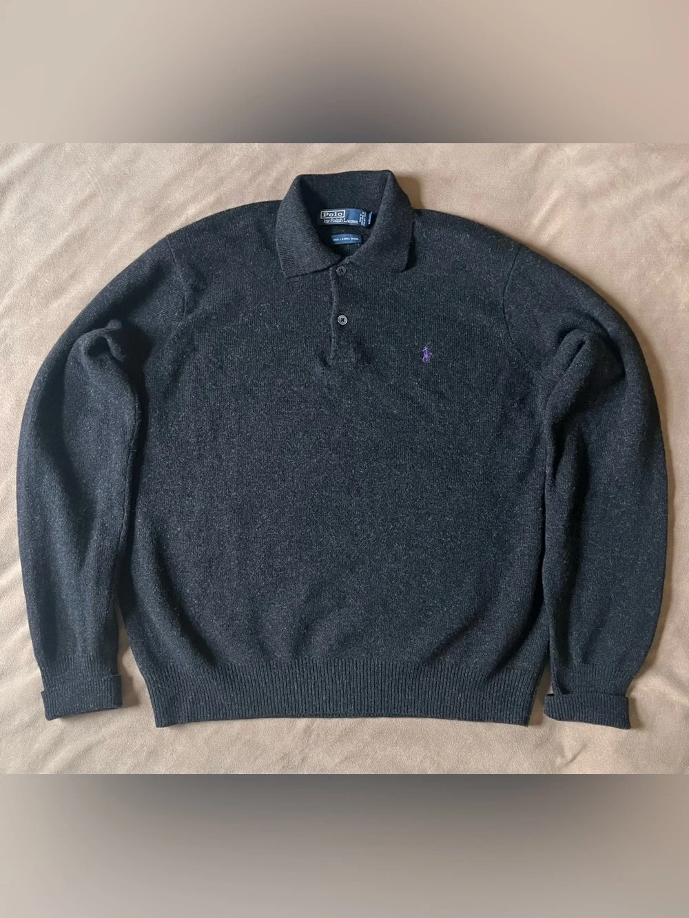 Vintage 90s Polo by Ralph Lauren Charcoal Lambswool Polo Sweater w/ Purple Pony